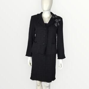 Moschino Black Wool Suit Blazer & Skirt Knee Length Floral Beaded Size 8
